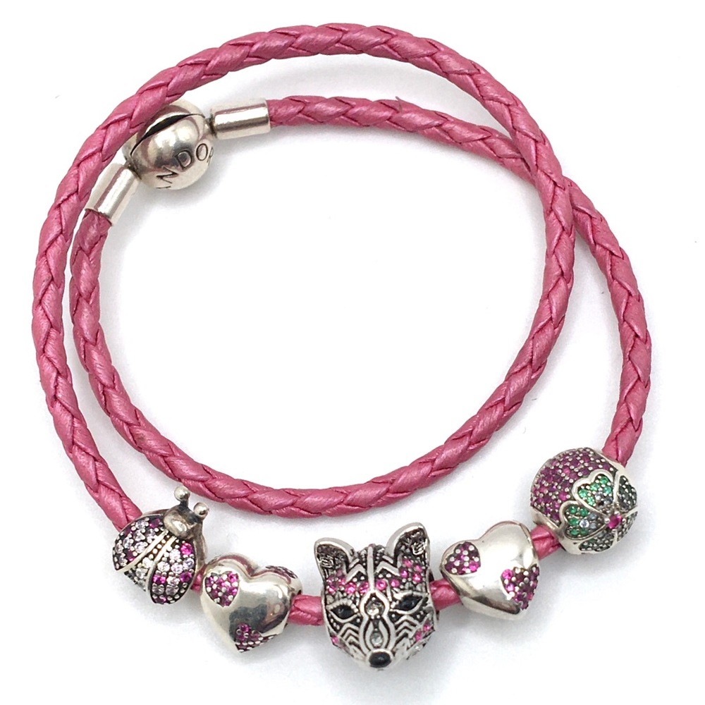Authentic Pandora Hot Pink Leather dbl wrap bracelet‘ Lucky Fox’ All 925 charms